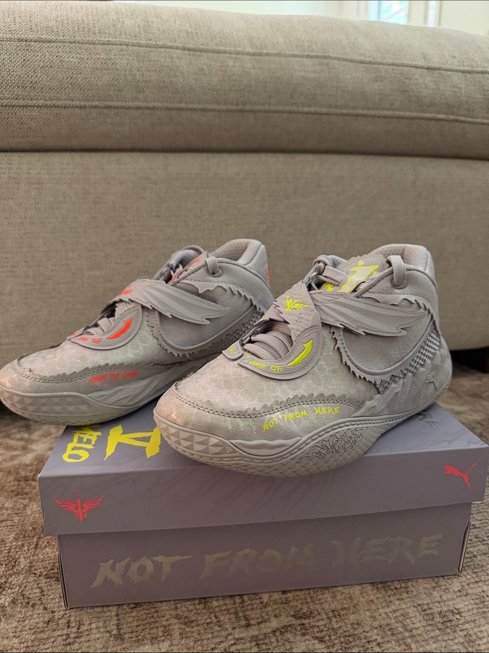 Boys LaMelo Ball PUMA Gray Athletic Sneakers with Neon Accents